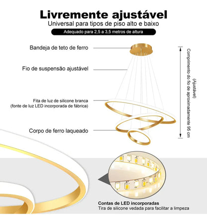 Lustre Para Salas e Cozinha em LED - Anéis Dourados
