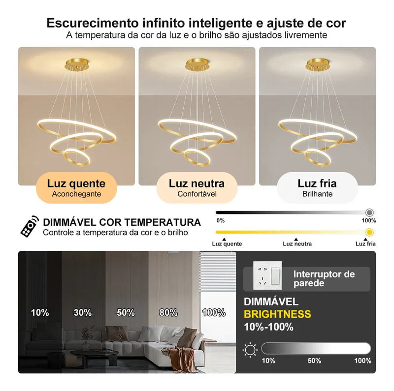 Lustre Para Salas e Cozinha em LED - Anéis Dourados
