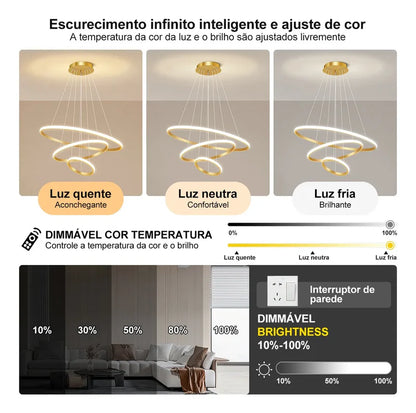 Lustre Para Salas e Cozinha em LED - Anéis Dourados