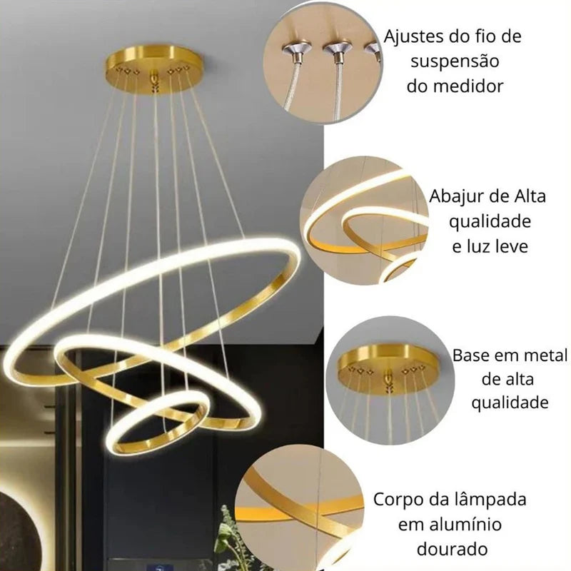 Lustre Para Salas e Cozinha em LED - Anéis Dourados