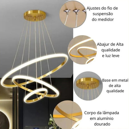 Lustre Para Salas e Cozinha em LED - Anéis Dourados