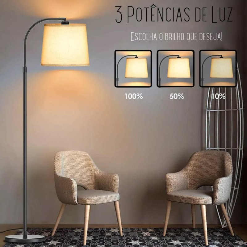 Luminária de Piso com Altura Ajustável e Cúpula de Linho